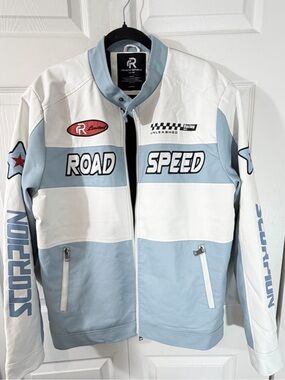 Refinery Republic Road Speed Faux Leather Racing Jacket Blue White Men’s Large